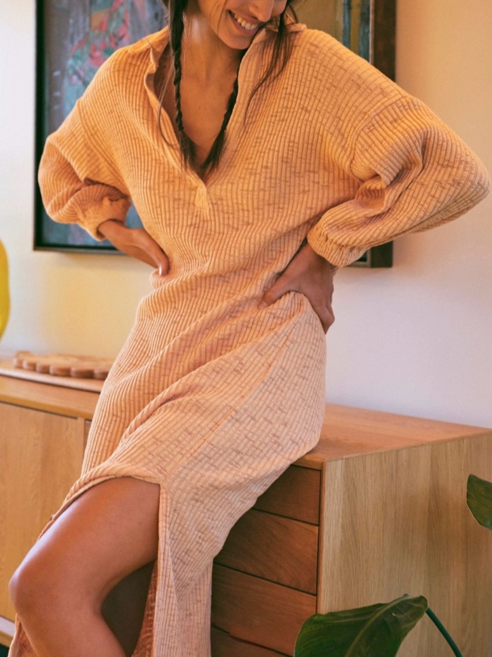 Free People Ribbed V‑Neck Pullover Maxi Dress